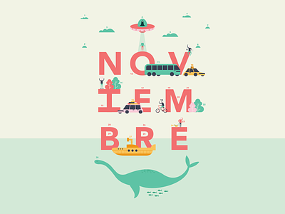 Noviembre / November alien animation brand branding bus character city clouds colors illustration lochness nessie november submarine taxi threes traffic