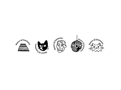 House of Commons Pins austin austin texas black and white buttons cat coop disco ball house of commons icc icc austin logo