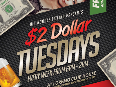2 Dollar Tuesdays Flyer Templates ad bar club dollar flyer night party poster sexy tuesday tuesdays two