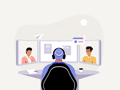 Interview illustration blue call conference design freelancer human illustration interview laptop ui ux vector webdesign white work