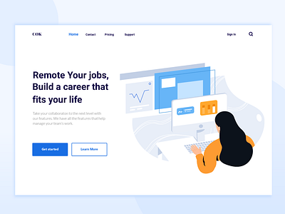 Landing Page : Header blue card customer service dashboard design freelancer girl illustration landingpage minimalist product design ui vector web webdeisgn website white