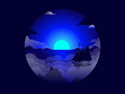 Pirate ship blue ilustration night sea ship sunset