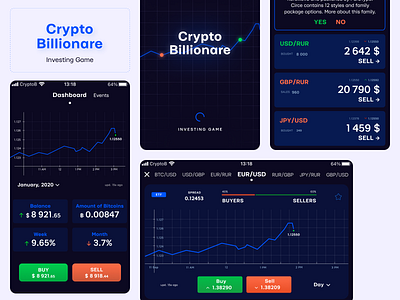 Investing Game «Crypto Billionare» chart cryptocurrency dark mode investing ios mobile app ui ux