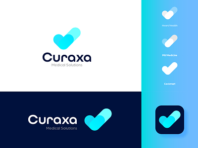 Curaxa Medical Solutions Logo Design brand design brand identity branding checkmark gradiant health healthcare heart icon logo logo design medical medical care medical logo medicine mobile app pill