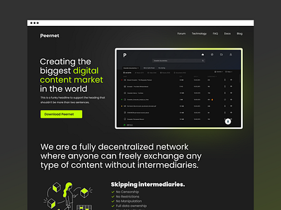 Homepage design for a decentralized marketplace black blockchain brand and identity branding crypto dark mode decentralized defi homepage marketplace neon nfts