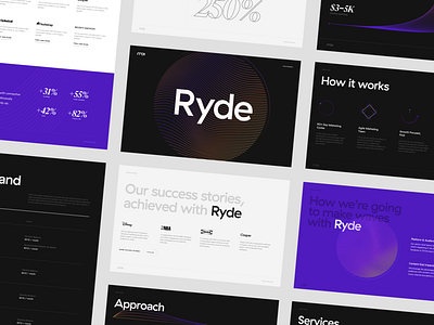 Ryde program bold typography branding dark design displace futuristic gradient graphic design guidelines icon layout lines marketing collateral minimal slides typography wave