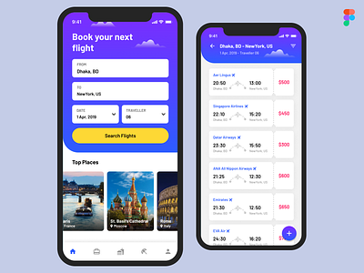 Flight Booking App UI app blue booking design figma flight gradient ios ticket travel yellow