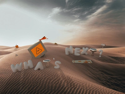 WHAT'S NEXT? 3d chrome computer desert design illustration logo render surreal tombo type typography