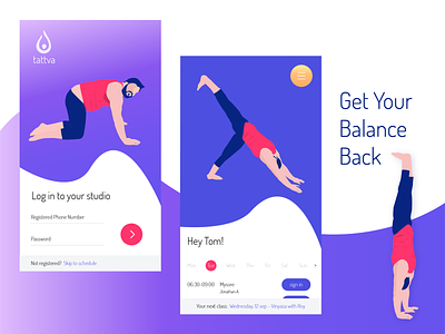 Tattva Yoga - Members app app branding design flat illustration login mobile mobile app phone schedule ui ux vector yoga