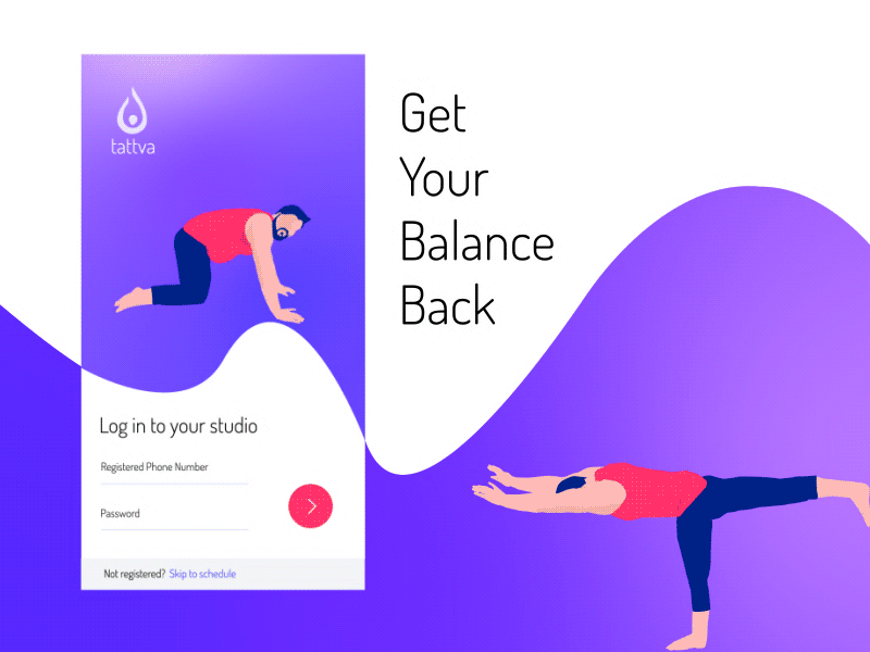 Tattva Yoga - Login transition 2d animation app design flat illustration log in membership mobile phone schedule sign in ui ux vector yoga