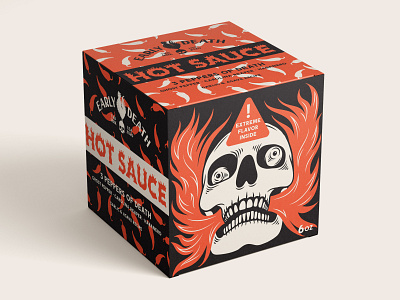 Early Death / Hot Sauce box design branding carolina reaper chilli death drawing early death fire flavor food packaging design ghost pepper habanero hot sauce illustration package design pepper roster skull trade mark
