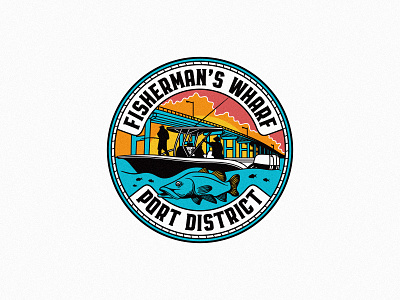 Fisherman's Wharf Port District boat branding bridge fish fisherman fishing illustration logo design marine port sea wharf