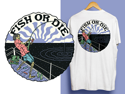 FISH OR DIE apparel graphic fish fisherman fishing illustration skeleton t shirt design t shirt graphic