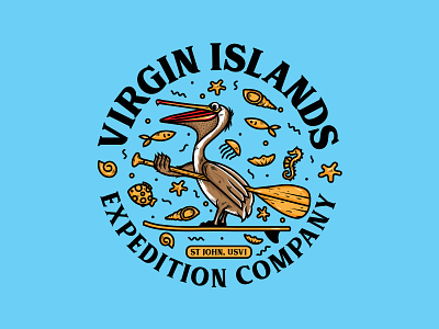 Virgin Islands adventure brown pelican drawing expedition company graphicdesign illustration logo logo design paddleboard pelican sea sea world surf vectorart virgin islands
