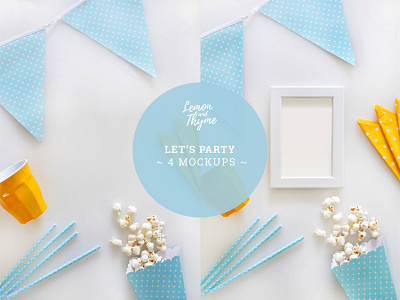 LET'S PARTY baby shower birthday dots display empty frame flags light blue mockup newborn party popcorn psd straws