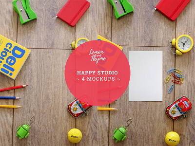 HAPPY STUDIO android usb colored pencils desktop accessories empty card mockup primary colors psd studio toys tin car wooden surface yellow clock
