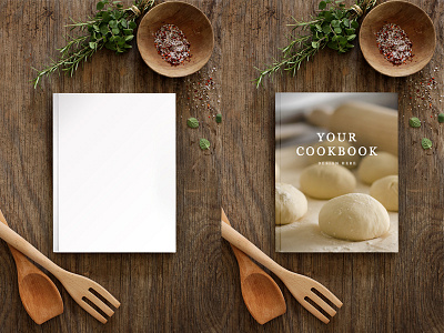 COOKBOOK MOCKUP book cover cookbook countryside food hard cover instant download kitchen mockup psd recipe book rustic wooden surface