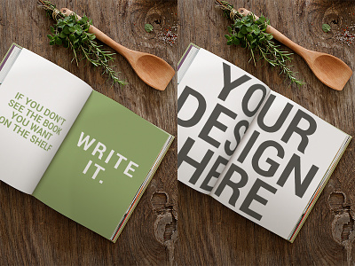 WRITE IT. cookbook cooking book double spread etsy tools kitchen surface open book mockup psd recipes book styled photo styled stock photo your design here