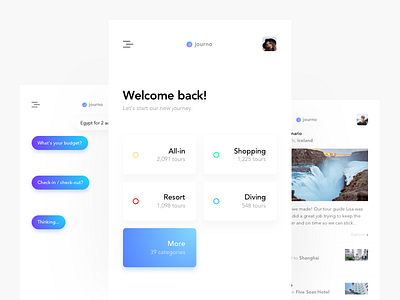 Journo - AI powered travel assistant app clean design flat interface ios minimal mobile simple ui ux white