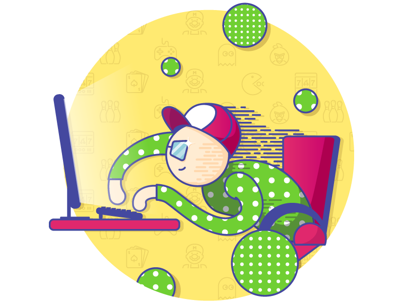 Game Developer yellow gamer glasaes computer pattern gamedesign character colorful developer game illustration art