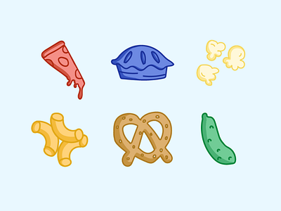 Food Icons color design food icon iconography illustration pasta pickles pie pizza popcorn pretzels