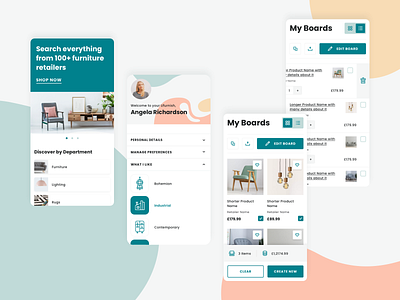 Homepage, Profile and Boards - Mobile boards branding colour contemporary furniture homepage mobile profile ui ux visual system website