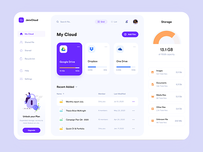 JenxCloud - File Management Dashboard clean cloud dashboard dashboard design design drive dropbox file file management file manager google drive illustration interface minimalism neat orange purple simple ux yellow