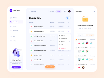 JenxCloud - Shared File Screen dashboard dashboard design dashboard ui design dropbox file management file manager file storage google drive minimalism one drive orange purple simple ui ux yellow