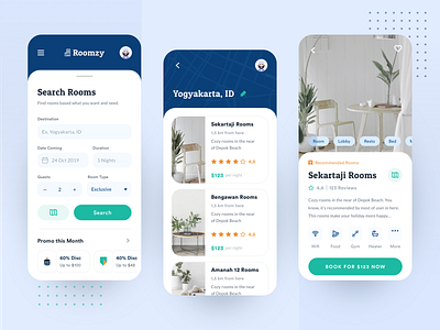 Roomzy - Room Booking Apps app apps blue bookings design experience holiday hotel interface orange rental app rooms simple tosca traveling ui ux vacation villa
