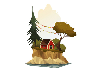 red house cartoon cozy design forest illustration lonely natural nature norway place retro scandinavia shadow simple style summer texture vector vintage wood