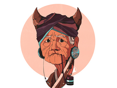 old witch 2d avatar cartoon character ethnic horns illustration illustrator old lady outline portrait retro shadow smoke style texture vector vintage witch woman