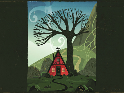 the shelter cartoon celtic clouds fantasy folk folklore hill home house illustration magic myth retro shelter stone style texture tree vector vintage