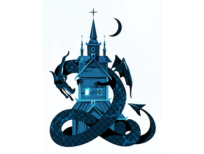 night cartoon chapel character church draco dragon fantasy fear horror illustration kirk moon night retro style texture vector vintage