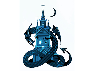 night cartoon chapel character church draco dragon fantasy fear horror illustration kirk moon night retro style texture vector vintage