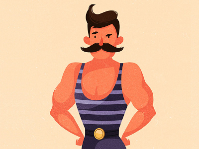 Strong man cartoon character circus handsome illustration mustache old retro stripes vector vintage