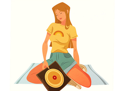 70s girl character music retro summer vector vintage vinyl woman young