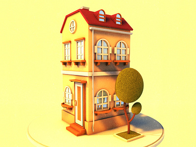 House 3d cartoon cinema 4d cozy cute home model shadow style summer tree warm
