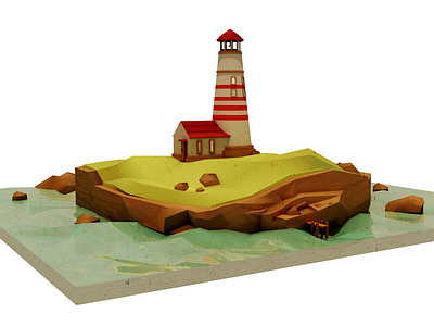 lighthouse 3d c4d cartoon cinema4d concept cozy design illustration island lighthouse material nature render retro sea stone style texture vintage water