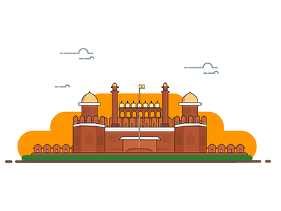 The Red Fort - Delhi,India clouds delhi flag historical india line art monument mughal red fort