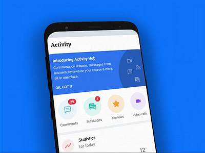 Activity tab on the Educator app activity android animation app comments course dedications educator feed figma interaction ios messages minimal monthly shot statistics today ui video