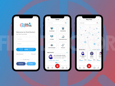 Find Doctor - Mobile App app cardiologist doctor appoinments emergency find doctor app find doctor home screen find doctor login screen find doctor map view find doctor mobile app gastroenterologist ios nearby doctors ophthalmologist orthodontist search doctors search doctors nearby you therapist urologist vector welcome to find doctor