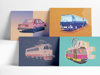 Eighties transportation bright color combinations illustration print transportation travel vector