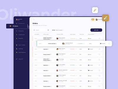 Ollivander's shop CRM crm portal dashboard harrypotter ollivander orders table ui uiux