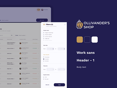 Ollivander's shop design elements crm design filter ollivander uiux