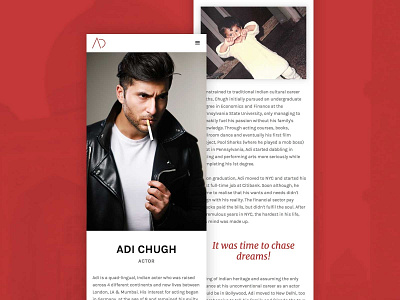 Personal Site for Adi Chugh (Actor) actor bio clean design logo minimalistic mobile model modern personal portfolio responsive ui