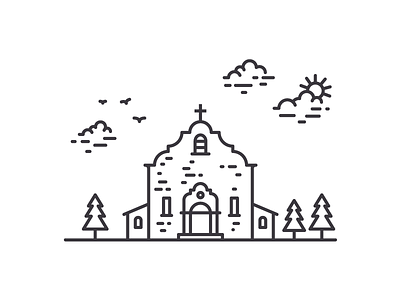 Old Church building church clouds illustration line trees vector