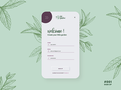 DAILYUI #001 - Sign Up app appdesign dailychallenge dailyui dailyui001 floral form illustration leaves neumorphic neumorphism plants signup tealeaves ui uidesign