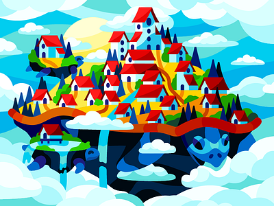 Floating City in the clouds art city clouds fantasy fantasy world fantasyart floating city floatingislands illustration island town turtle vector village world zero gravity