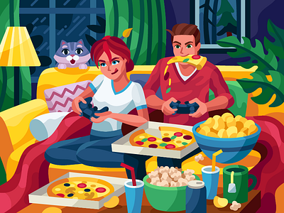 It's high time gaming couple game game art gaming home care illustraion party pizza popcorn snacks vector