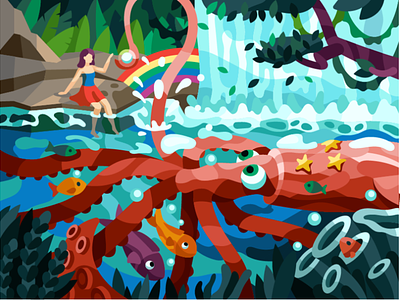 Squid's pearl fish gallery girl illustrator octopus rainbow sea see world squid tentacles vector waterfall